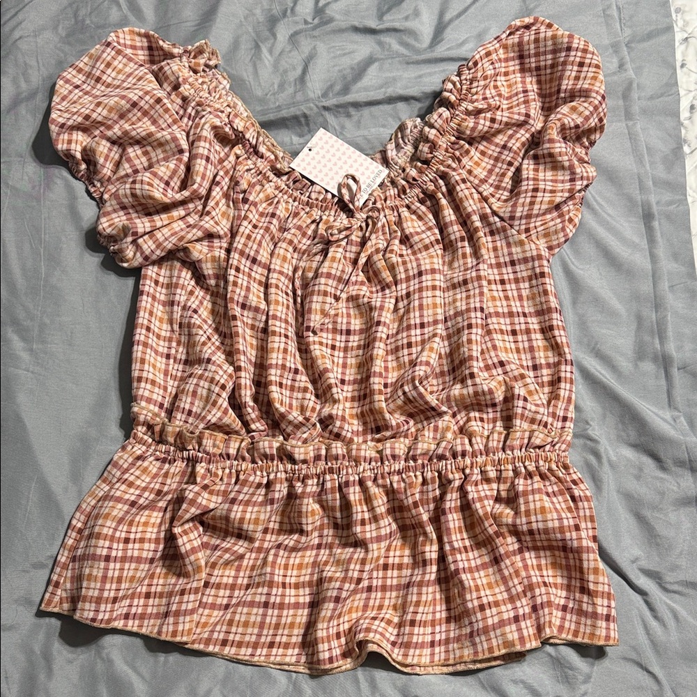 Plaid Ruffle Women's Top - Brown